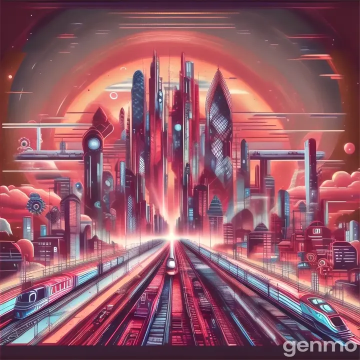 a painting of a train traveling through a city