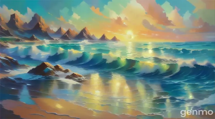 a painting of waves crashing on a beach