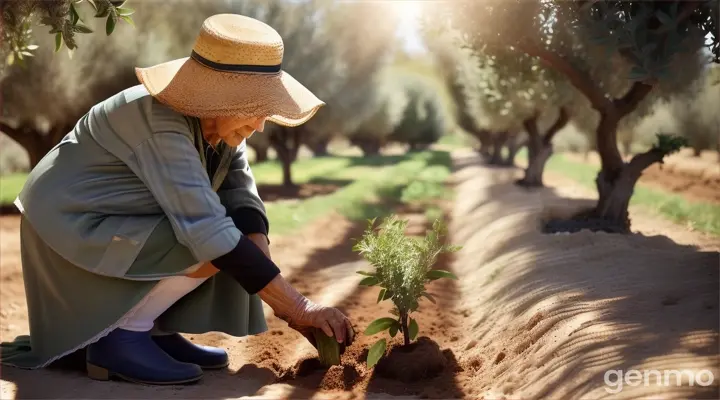  An elderly woman, around ninety years old, planting olive trees in a field.