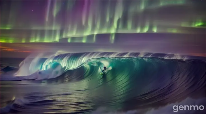 Surfer on a luminescent wave beneath an aurora borealis, illuminating the clear night sky and surrounding landscape