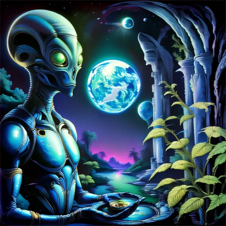 a painting of an alien holding a tray of food