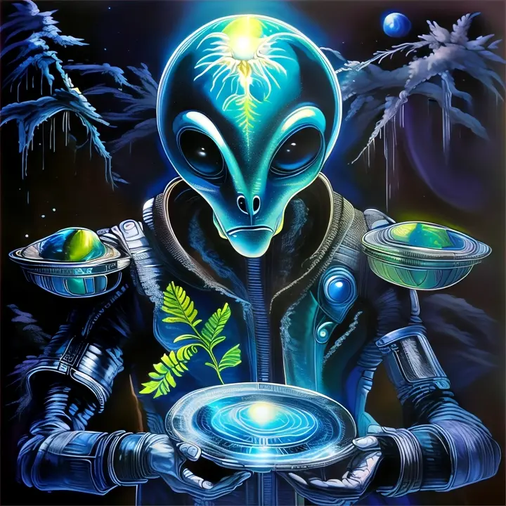 a painting of an alien holding a plate of food