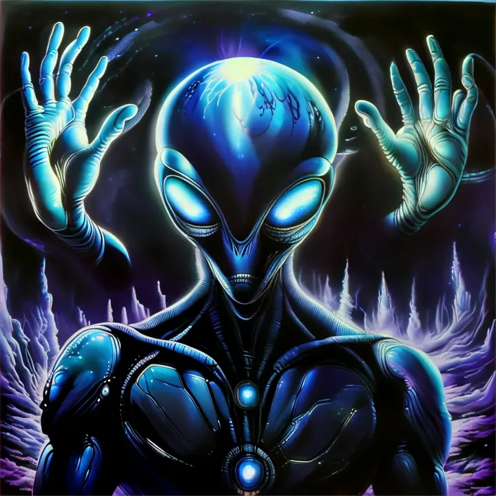 a painting of an alien holding his hands up