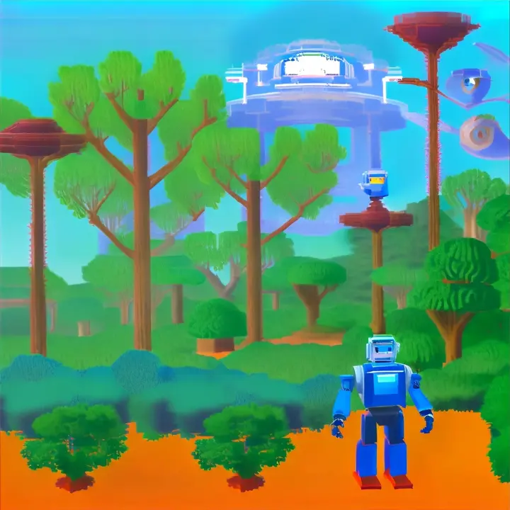 a robot standing in front of a forest filled with trees