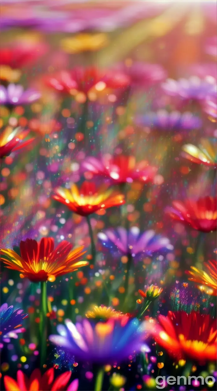 Rainbow flowers field, beautiful, multicolored fractals, glitter, rainbow fractals 