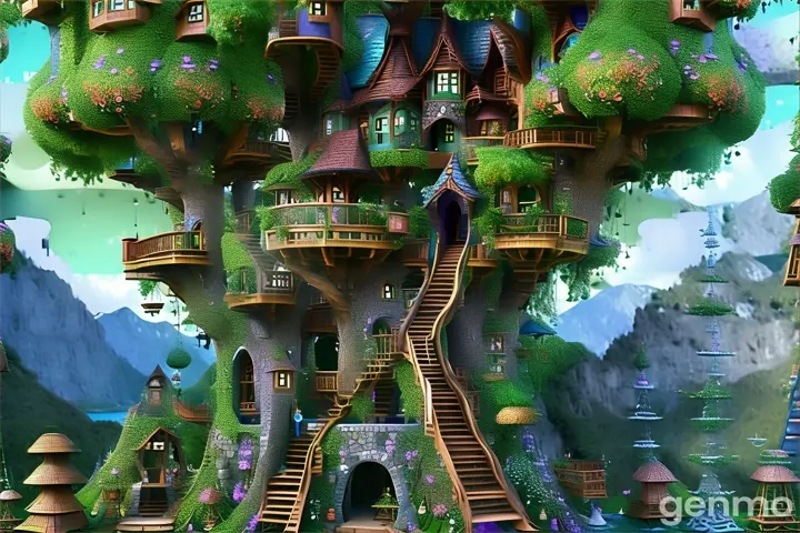 a tree house with a staircase leading to it, all abuzz with activity 