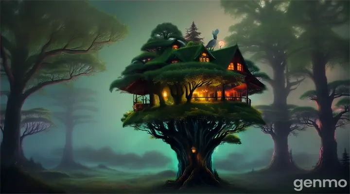 Glowing fireflies surround a treehouse, a mystical owl perched above on a mossy branch, a halo of mist in the background