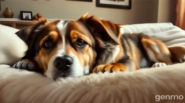 Realistic photo of Bella(dog) lying on her new bed in the living room, her body relaxed and eyes content. The mood should be peaceful and comforting. -ar 16:9