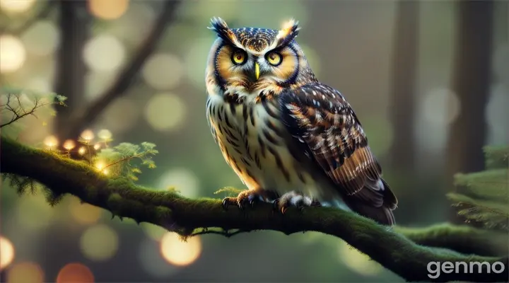 A mystical owl perched above a mossy branch, glowing fireflies surrounding a magical forest