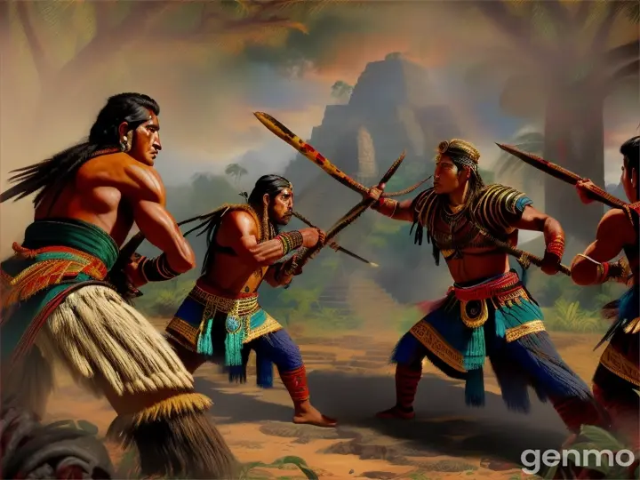“a painting of a group of Aztec warriors fighting in the jungle”