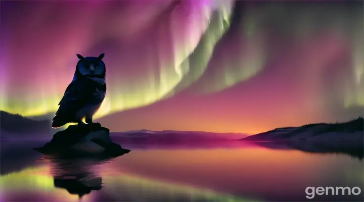 Mystical owl silhouetted against aurora borealis rising above a tranquil lake