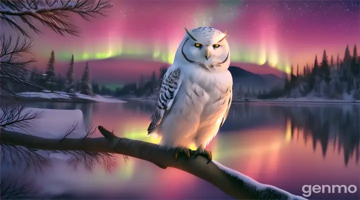 A mystical Snow owl illuminated by the aurora borealis, perched on a branch overlooking a tranquil lake