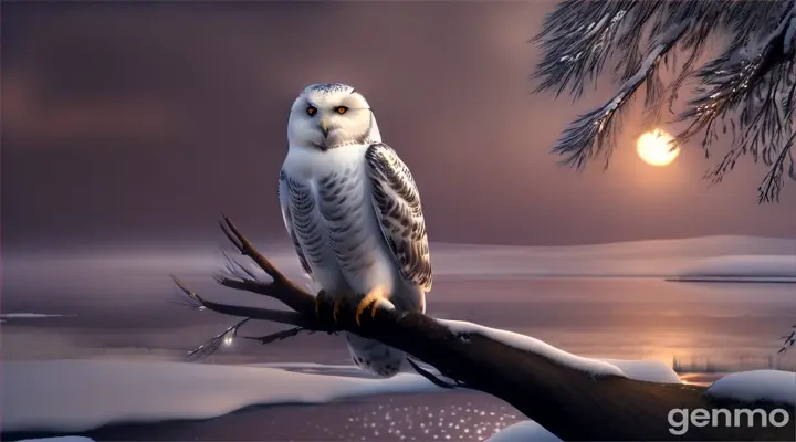 Snowy owl perched on a mystical willow beside the river under a starlit sky and tranquil surroundings