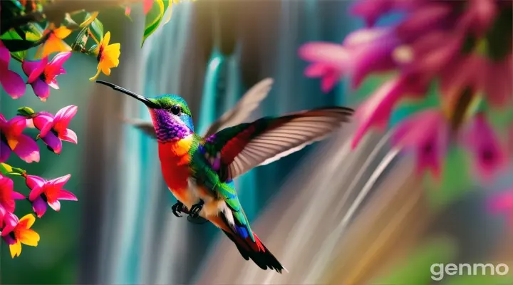 Colorful Hummingbird feeding on flowers beside waterfall