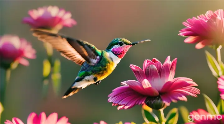 Fluttering hummingbird on bright pink flowers in a garden basked in early-morning sunlight