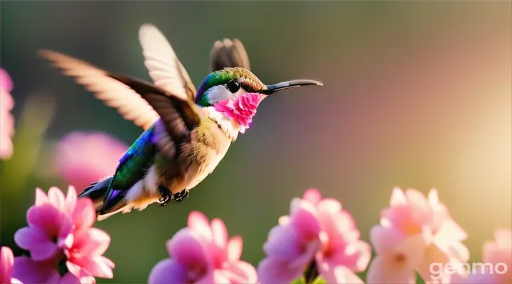 A stunning hummingbird hovering in flight over a colorful garden with pink flowers in the early-morning sunlight