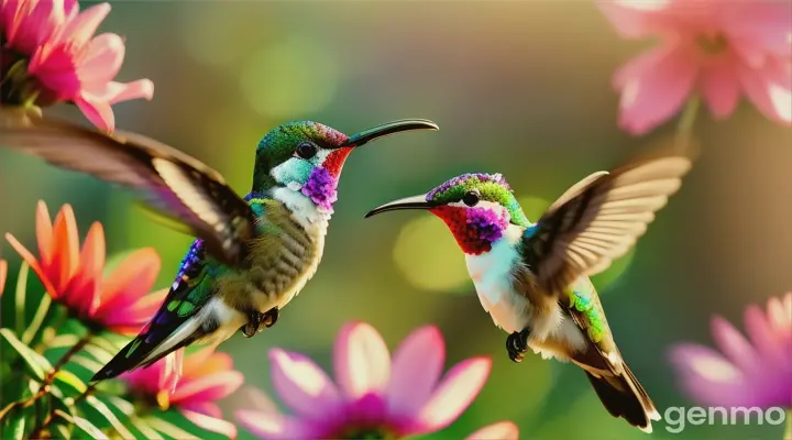 Close-up of a hummingbird amidst a jungle of colorful flowers, dappled in sunlight