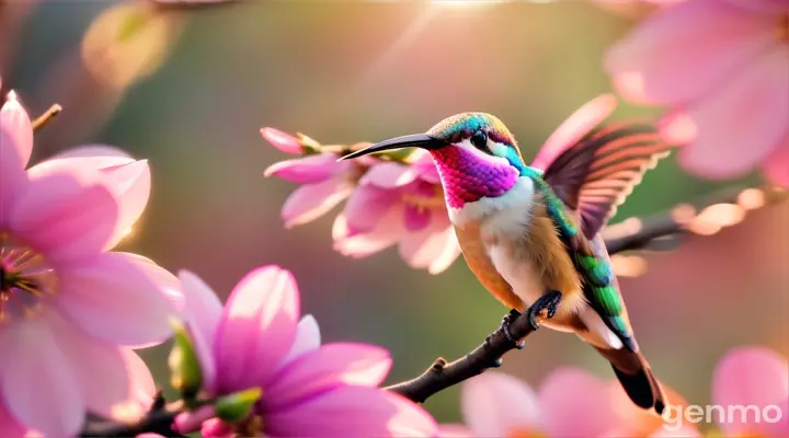 A hummingbird perched on a twig among vibrant pink flowers, with the golden sun setting in the background