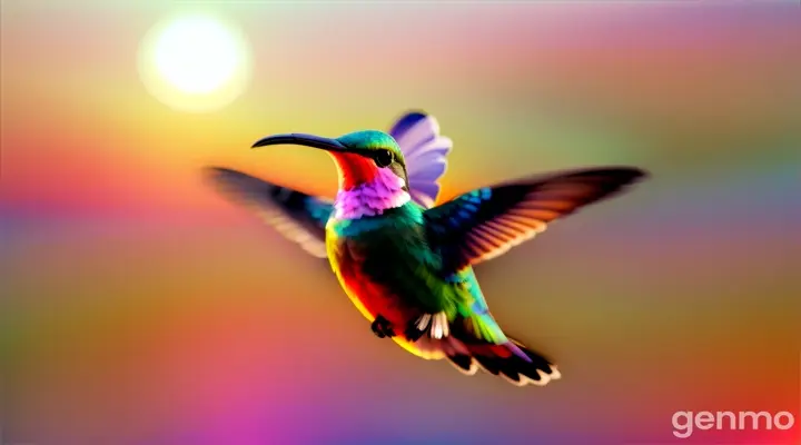 Hummingbird hovering over a garden of paper flowers, set against a sunset-colored sky