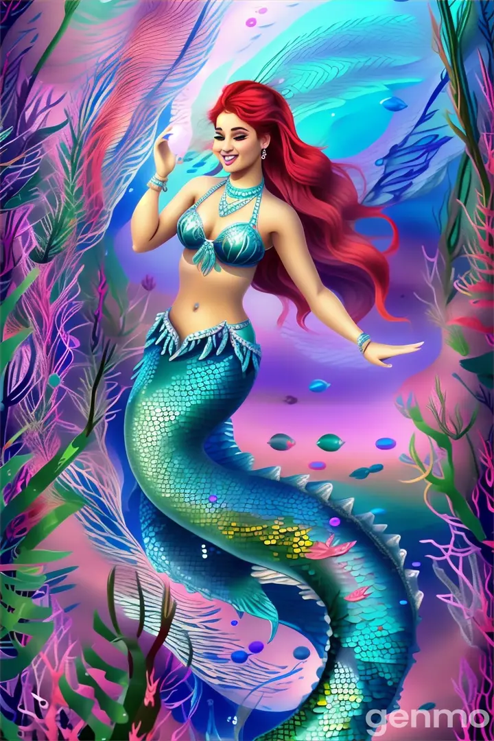 a painting of a mermaid with long red hair, swimming 