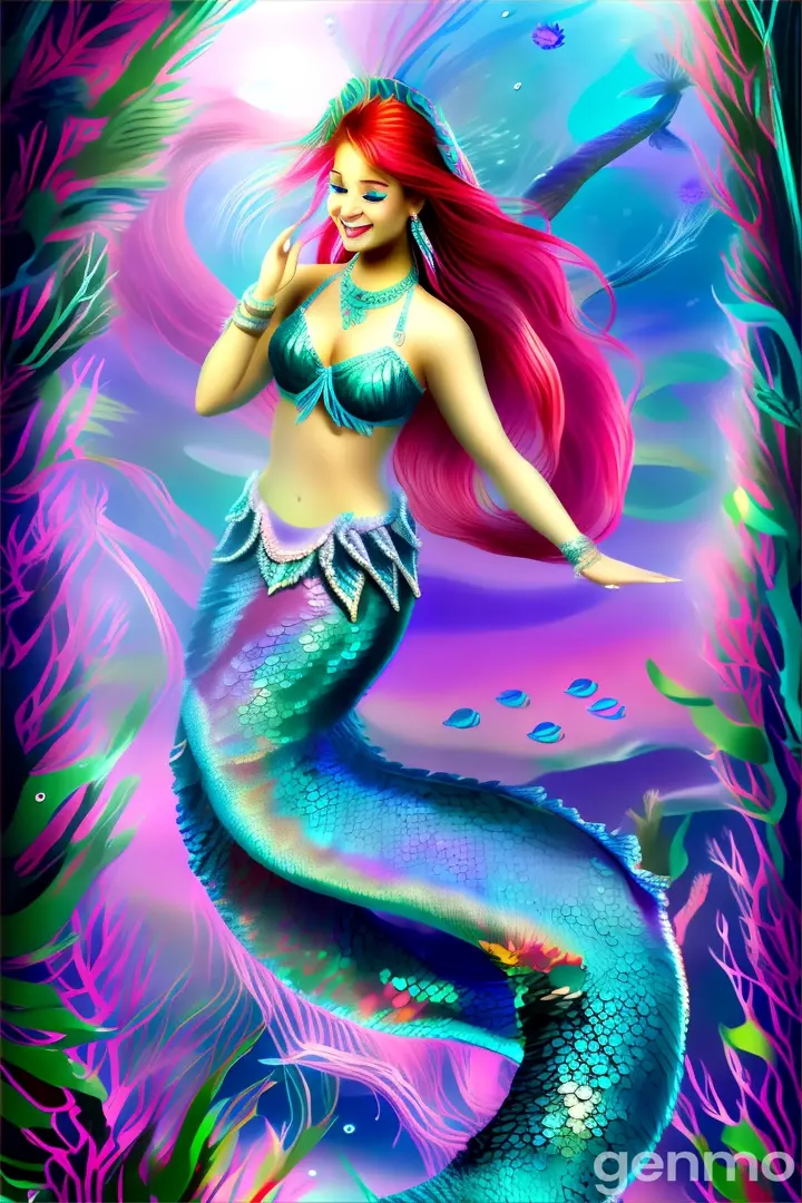 Mermaid with flowing red hair amidst a vibrant, underwater garden with rich colors and details