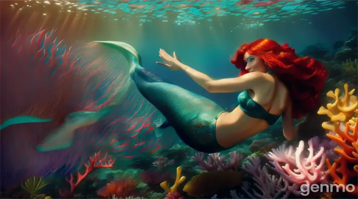 Mermaid with red hair swimming through a tropical reef, surrounded by vibrant colors and intricate details of exotic sea creatures