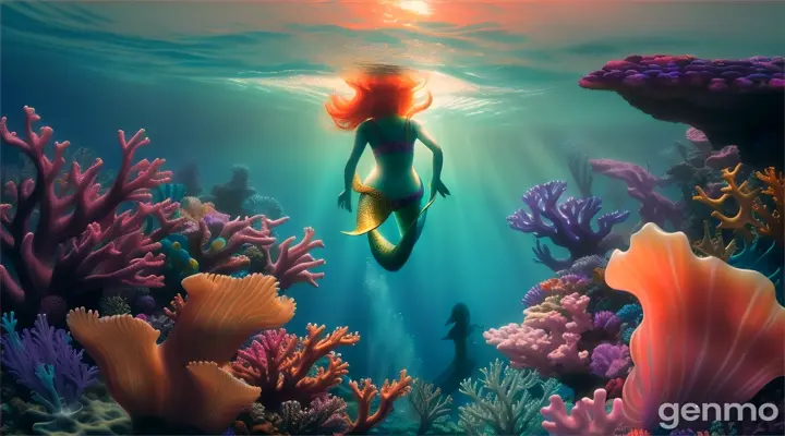 Mermaid and brightly colored jellyfish in a fantasy coral reef, with glowing seashells and sunlight rays piercing the water