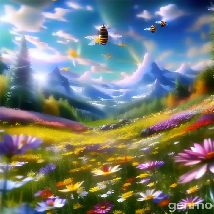 a painting of a field of flowers with a bee flying over it realistic repeat photography is a bee