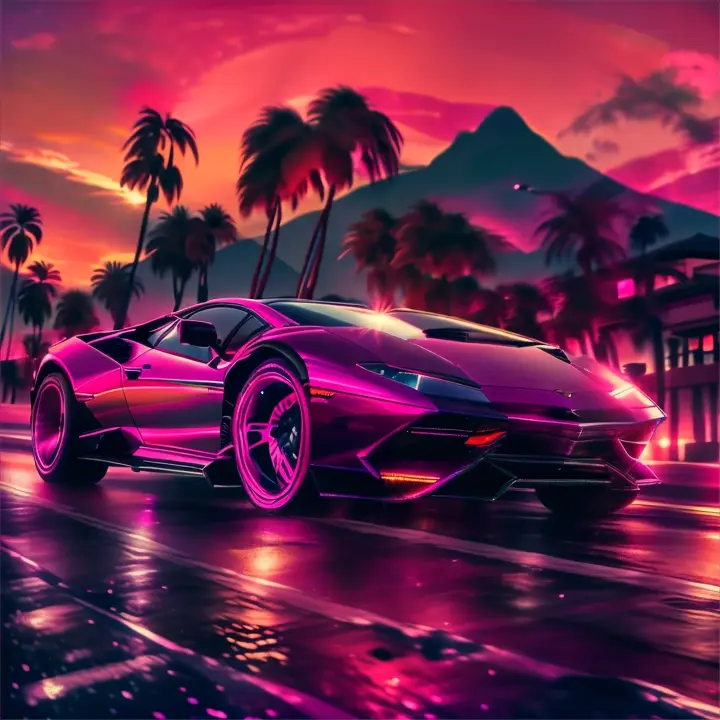 A hot pink chrome lamborghini, driving fast through the empty streets of palm springs on a rainy evening, epic,attention to detail, trending,masterpiece 8k, UHD, NEON,, advertising style