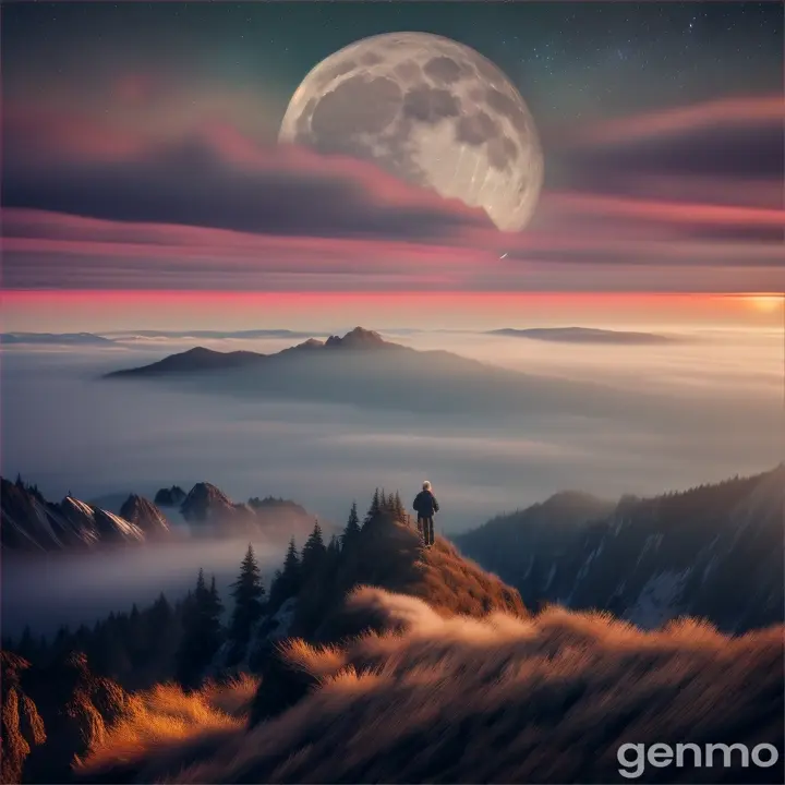 Person standing on a dreamy mountain peak, with misty clouds below and a full moon above