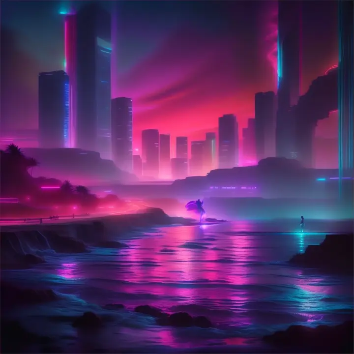 otherworldly bioluminescent beachfronts with neon waters mysterious mischievous neon colored skies neon everywhere in a cyberpunk cityscape way meeting waterabstract female , dancing pose, full length portrait, cinematic lighting, 3D, advertising style