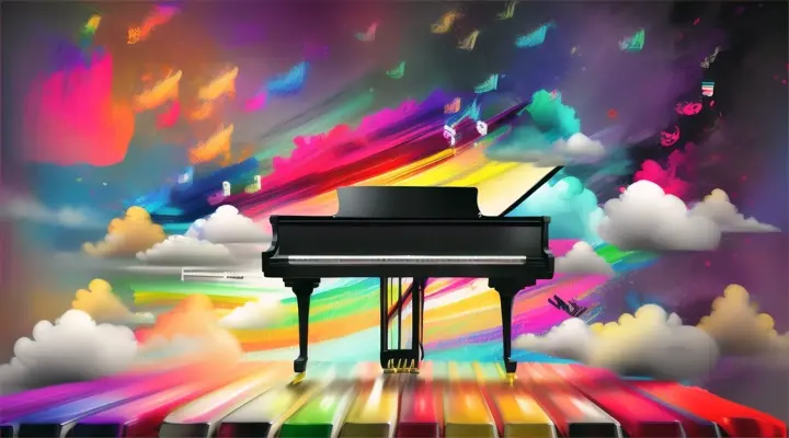 The piano keyboard is detailed, plays with its keys, koporye pop up into the air and turn into notis colorful art . Side view, from the left side, a geyser of colors and notes radiates from the keyboard a geyser of notes emanates from the keyboard flying in the clouds