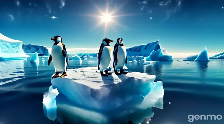 a group of penguins standing on top of an iceberg