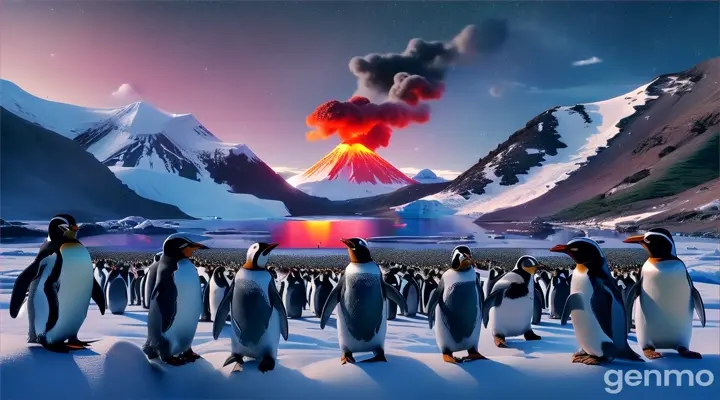 a group of penguins standing and curious for volcano 