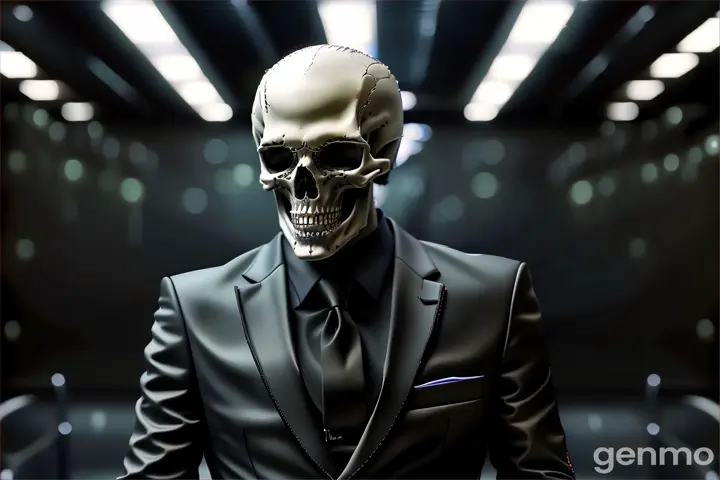 a skeleton wearing a suit and tie in a hallway