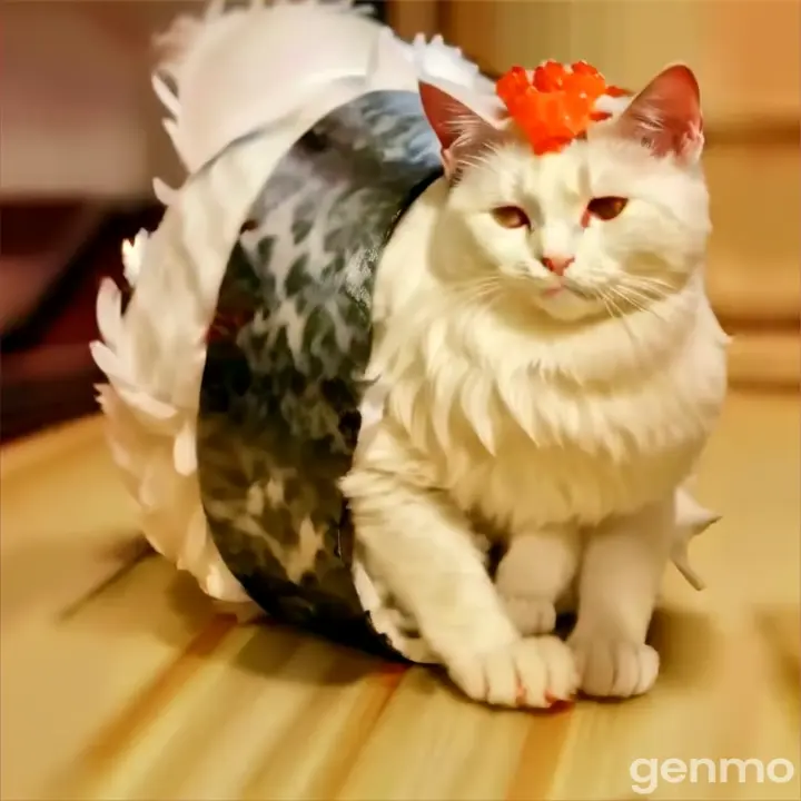 a white cat with a sushi on its head