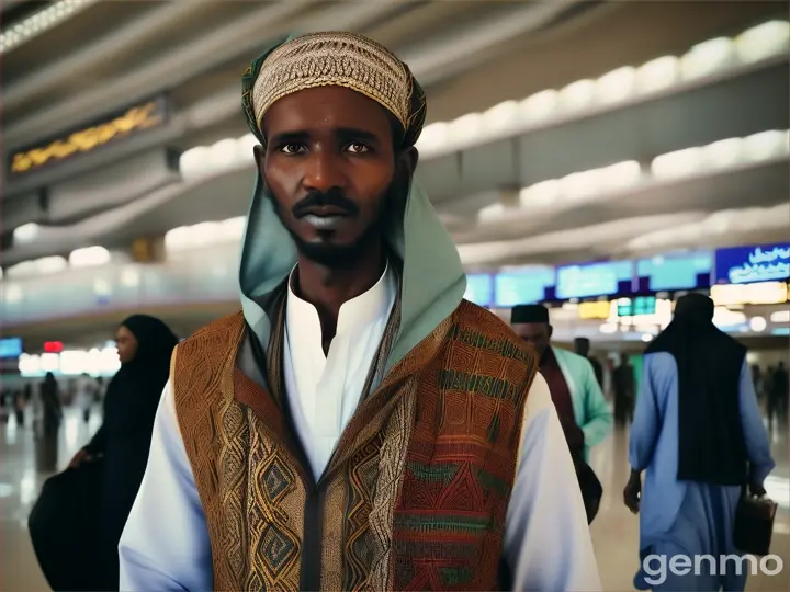 a sudanese man, draped in the jalabiya, walking in an airport