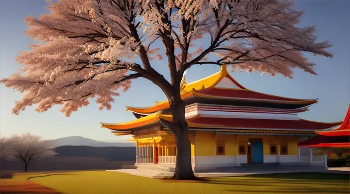 A solitary, sprawling tree with sparse foliage and white blossoms stands in the foreground, partially obscuring a vibrant Hindu temple building adorned with bright blue, yellow, and red colors. The structure features a sloped tile roof, an entrance with columns, and a satellite dish mounted on top. Next to the temple is a smaller, matching pavilion with a red roof. The sky in the background is deep and moody, suggesting an approaching storm. Rocks and patches of grass are visible in the foreground., hyper realistic, photorealistic accuracy, ultra detailed, cinematic style