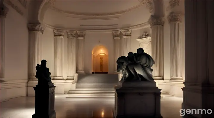 Interior of an art museum at night, lit only by security lights. A female in uniform, with flashlight in hand, looks in surprise at a classical marble security statue that appears to be moving. The statue is in a different position than usual, with one arm outstretched. In the background, other works of art and sculptures can be seen in the shadows. The scene should have a mysterious and unsettling atmosphere, with long shadows and dramatic contrasts. Cinematc 