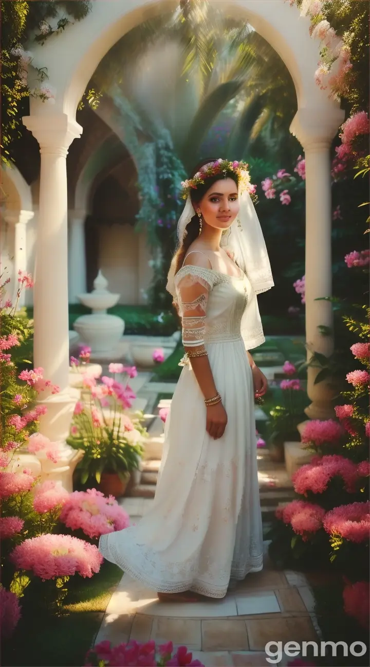 ancient arab times  women all wearing white standing in a beautiful vast ground surrounded by flowers and greenery 