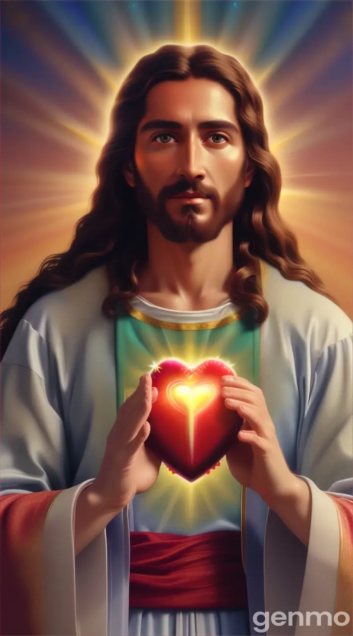 Jesucristo primer plano Sagrado corazón de Jesús en el universo celestial rodeado de luz brillante y potente que inspira paz imagen nítida manos perfectas perfectas 8K Jesucristo primer plano 