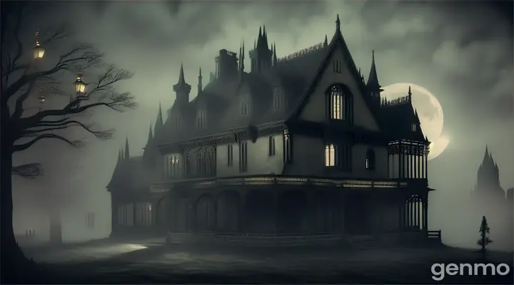 "A mysterious old mansion standing across the village, with its shadow looming large, surrounded by an eerie silence and filled with secrets."