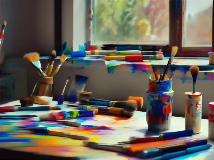 An art table next to a bright window, paint brushes and other tools in colorful disarray.