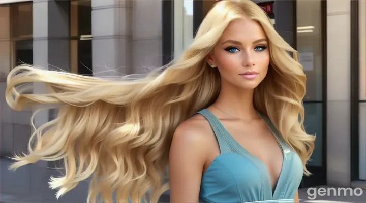 In a chic, urban setting, a stunning woman poses effortlessly for the camera. Her long, blonde hair falls in loose waves, catching the light perfectly. Her striking blue eyes are enhanced by expertly applied makeup, highlighting her natural beauty.She wears a trendy, form-fitting pastel dress that complements her sun-kissed skin, with stylish cutouts that showcase her toned figure. A dainty gold necklace adds a touch of elegance to her look.Standing confidently in sleek high-heeled sandals, her posture exudes poise and sophistication. The urban backdrop of modern architecture and a hint of greenery adds to the aesthetic appeal. The golden hour light bathes the scene in a warm, flattering glow, highlighting her flawless features. hyper realistic 16:9