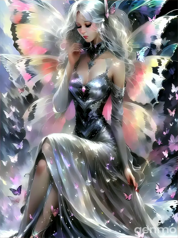 A woman in a dress with iridescent butterfly wings in a dreamlike setting of floating flowers