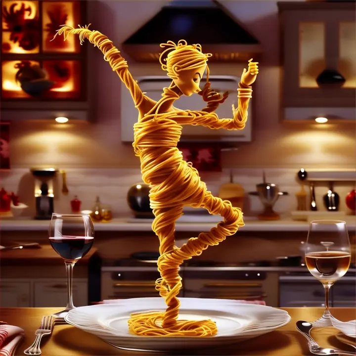 Create a whimsical and artistic scene featuring a single human-like figure made entirely of spaghetti. This figure should appear to be dancing gracefully on a plate. The background should depict a cozy kitchen setting with warm, ambient lighting, creating a romantic and intimate atmosphere. Include elements such as a glass of red wine and a beautifully set table to enhance the mood.