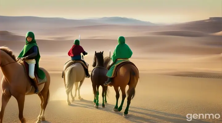 Kids  from behind in green cape sword in hand  riding on Arabian horse  going in desert way 