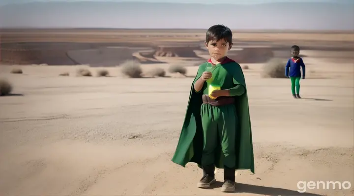 Kid in green cape thirsty watching people drinking water ,showing him water but do not give that kid 