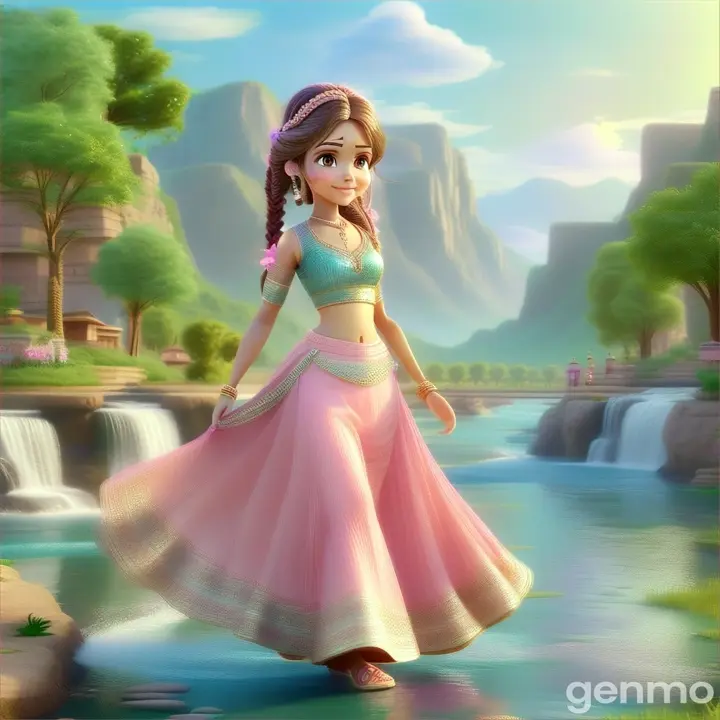 a beautiful girl, wearing light pink lehenga  with braids walking in beautiful river 3D animation cartoon  zoom out 