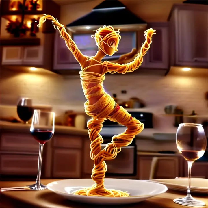 Create a whimsical and artistic scene featuring a single human-like figure made entirely of spaghetti. This figure should appear to be dancing gracefully on a plate. The background should depict a cozy kitchen setting with warm, ambient lighting, creating a romantic and intimate atmosphere. Include elements such as a glass of red wine and a beautifully set table to enhance the mood.